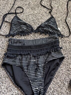 COCOSHIP Black and White Striped Pom-Pom Two-Piece Swim Set